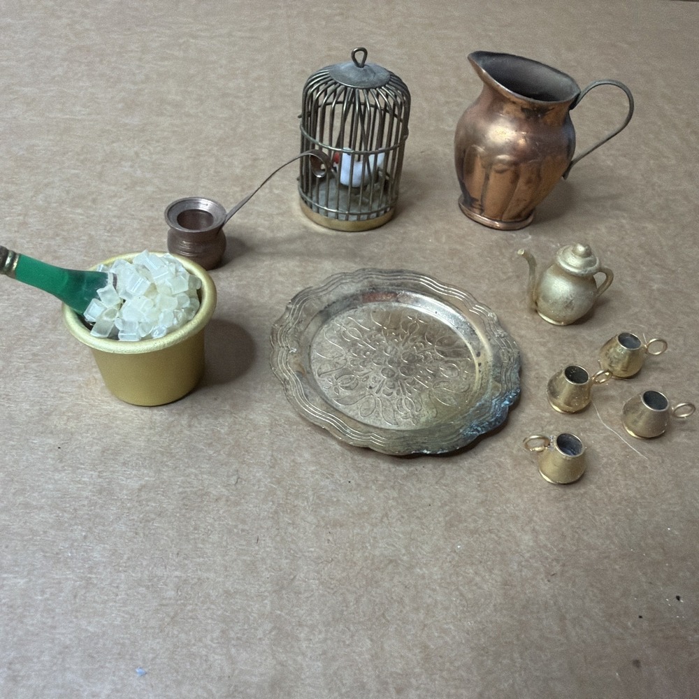 Vintage Miniature Brass Metal Dollhouse Accessories  Bird Cage Tea Cups More